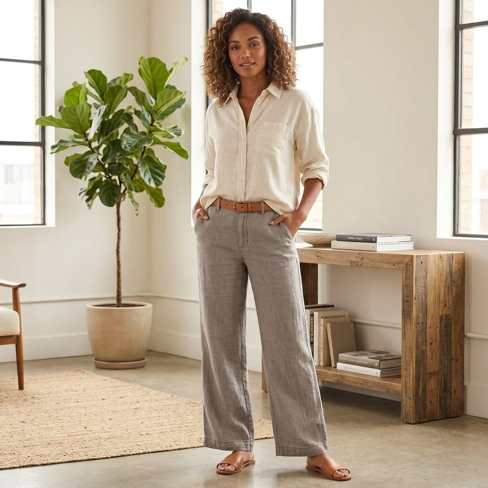 Lucky Brand Linen Pants Women Grey Wide Leg Casual Trousers 10